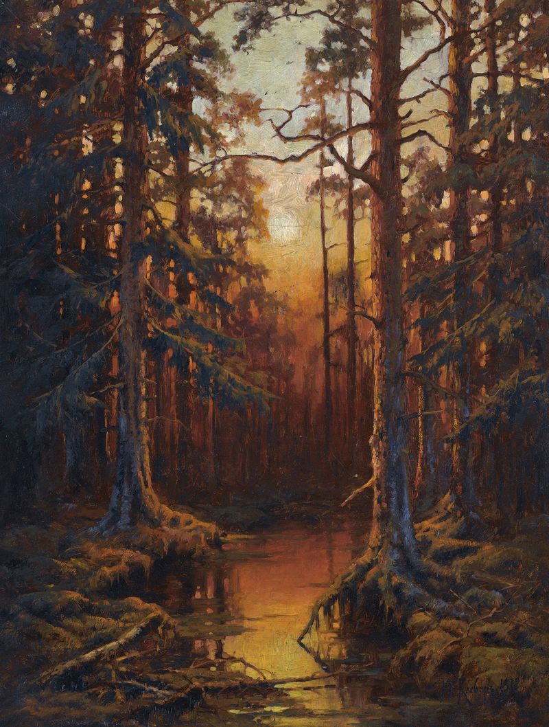 Forest sunset oil painting by Julius Sergius Klever, featuring vibrant colors and tree silhouettes.