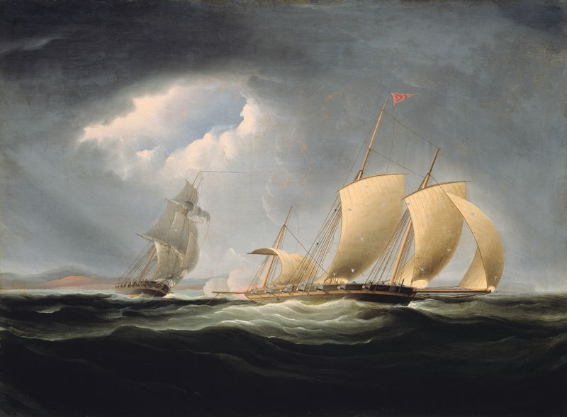 Naval battle scene with a ship in stormy seas, oil on canvas by Thomas Birch