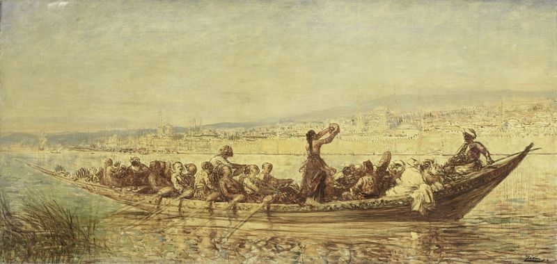 Moorse roeiers bij Constantinopel de Félix Ziem, óleo sobre lienzo que muestra remeros moriscos en el agua al atardecer.