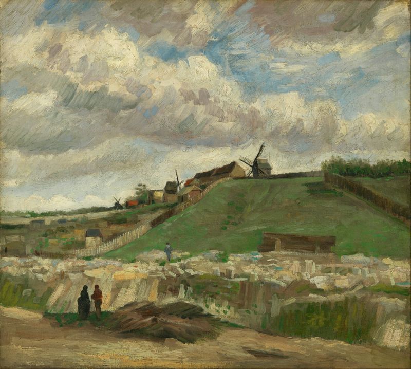 La colina de Montmartre con cantera de Vincent van Gogh, óleo sobre lienzo que muestra una colina y cantera.