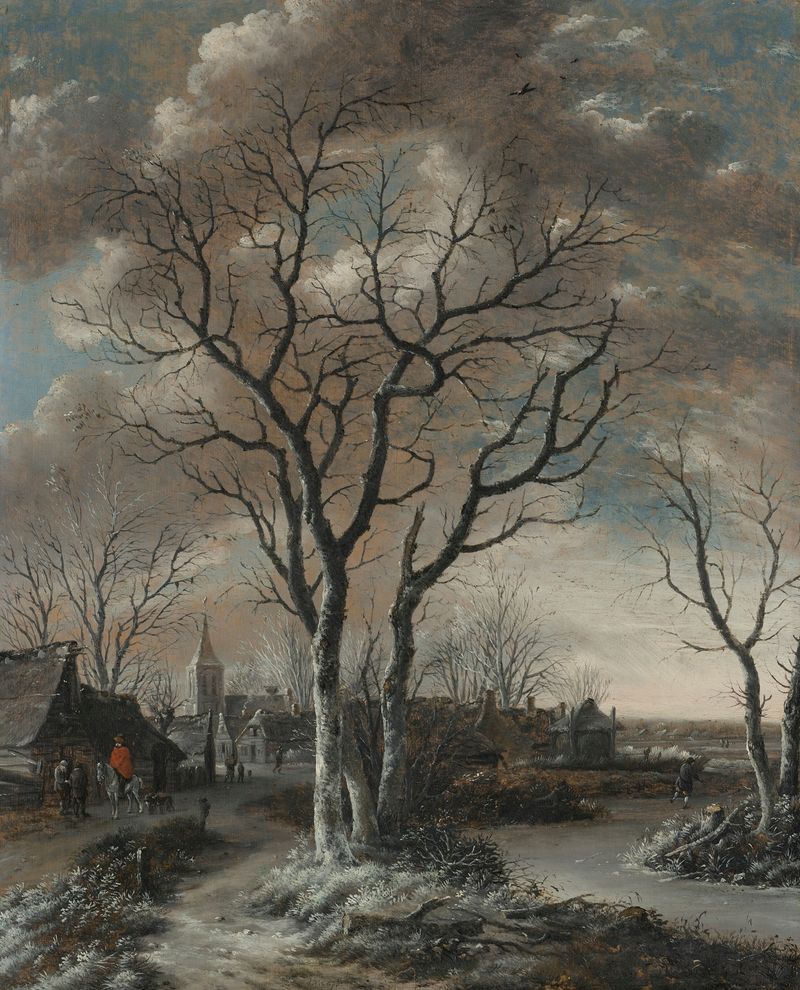 A winter landscape with skaters and a village, oil on canvas by Salomon Rombouts