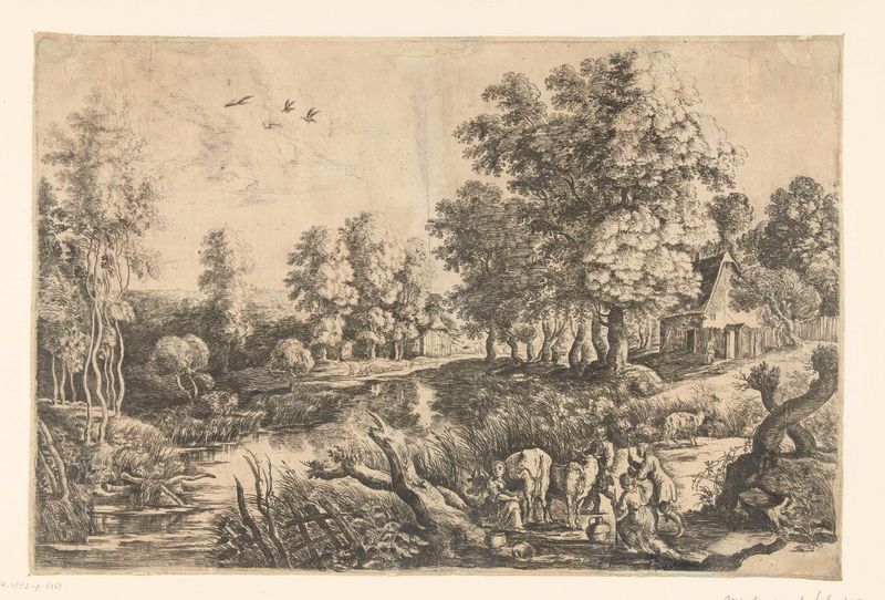 Farmers with cattle by a river, etching by Lucas van Uden