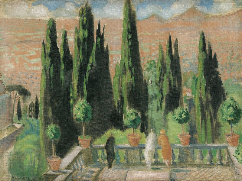 Villa D’este de Maurice Denis, óleo sobre lienzo que representa un jardín exuberante con fuentes y luz solar.