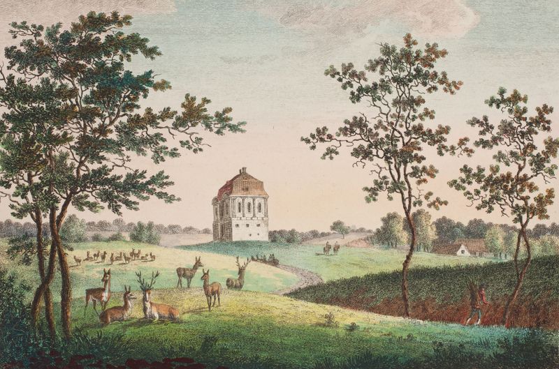 Eremitagen i Dyrehaven by Elias Meyer, landscape artwork depicting a hermitage in nature.