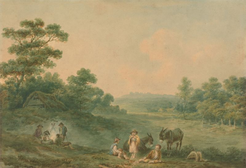 Landscape with Gypsies, oil on canvas by Nicholas Pocock, depicting gypsies under a vast sky.