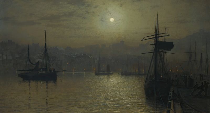 Old Scarborough, Full Moon, High Water by John Atkinson Grimshaw, oil on canvas depicting a moonlit sea.