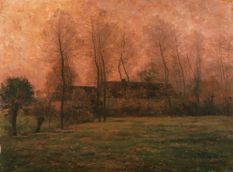 Farm at Dusk by Rodolphe Wytsman, oil painting depicting a tranquil landscape at twilight.