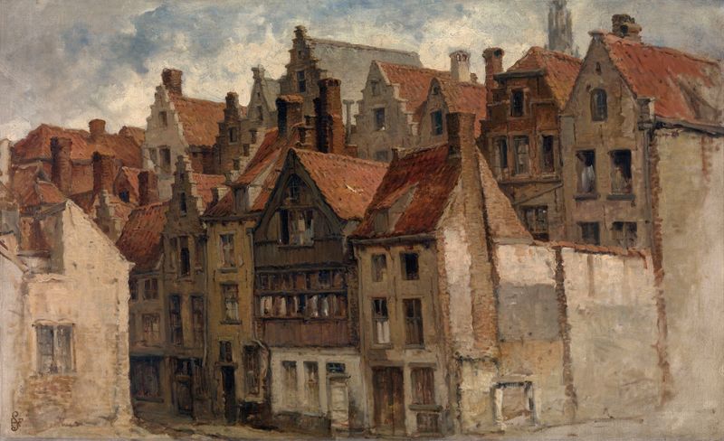 Old Houses de Henri François Schaefels, óleo sobre tela mostrando edifícios desgastados e paisagens serenas.