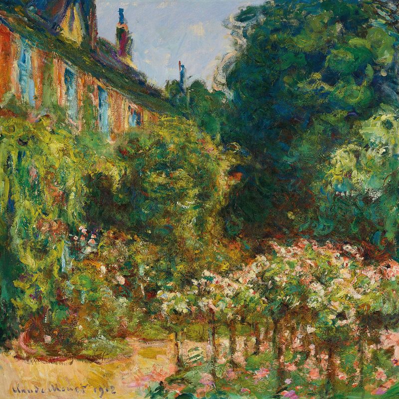 La maison de l’artiste à Giverny de Claude Monet, pintura a óleo que retrata um jardim vibrante.