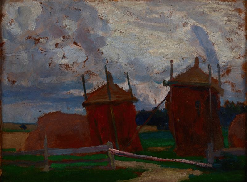 Lithuanian Ricks de Jan Stanisławski, óleo sobre lienzo que representa un campo sereno con hierbas.