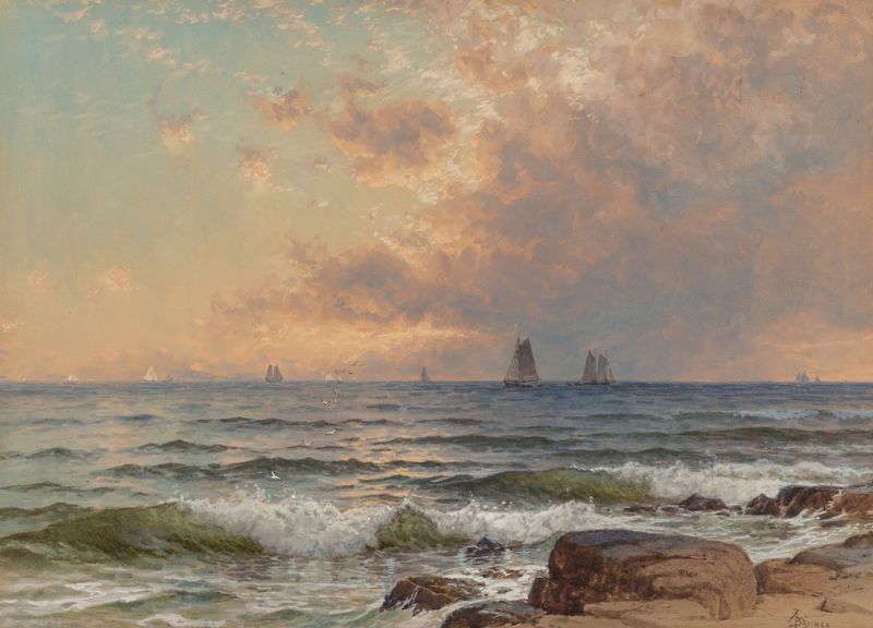 Marine scene with sails at sunset, oil painting by Alfred Thompson Bricher
