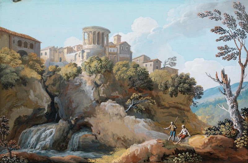 Pintura al óleo del Templo de Vesta de Giovanni Battista Busiri, con colinas exuberantes y arquitectura antigua.