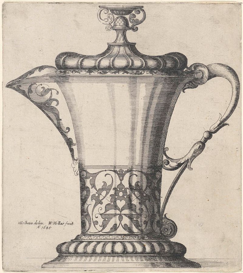 Vaso ornamental com tampa, gravura de Wenceslaus Hollar, apresentando gravuras intrincadas e efeitos de luz.