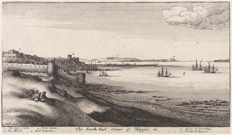 Gravura de Wenceslaus Hollar mostrando a baía e as fortificações de Tânger