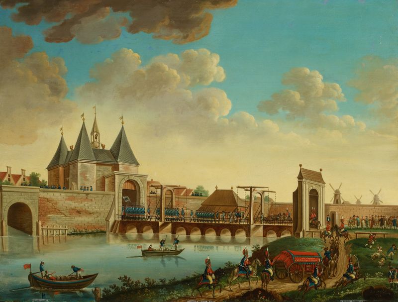 Cena histórica de soldados prussianos marchando em Amsterdã, óleo sobre tela de Monogrammist I.M.P.