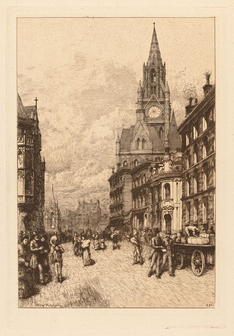Town Hall, Manchester by Thomas Riley, oil on canvas depicting intricate stonework and columns