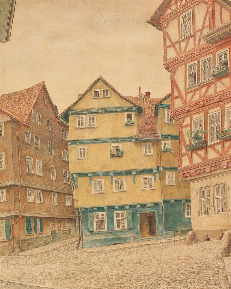 Pintura a óleo de paisagem de Johann Peter Foerster retratando uma rua serena.