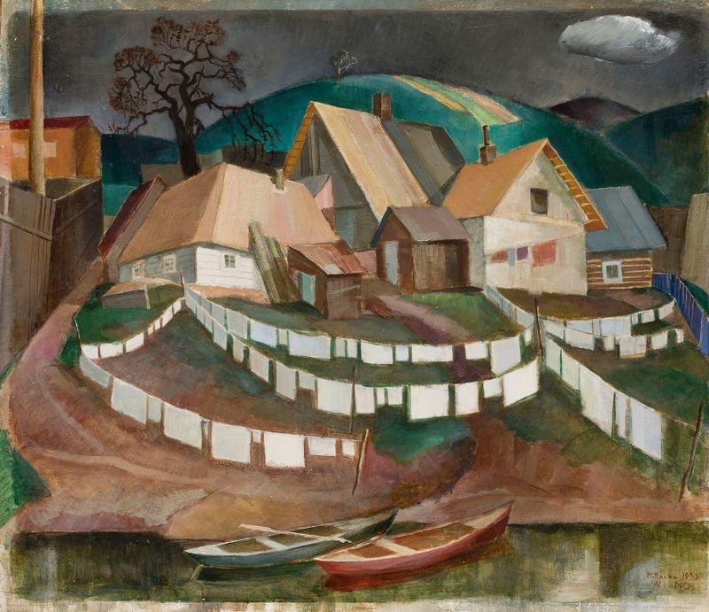 Cena de gênero mostrando lavadeiras trabalhando, pintura a óleo de Michał Rouba