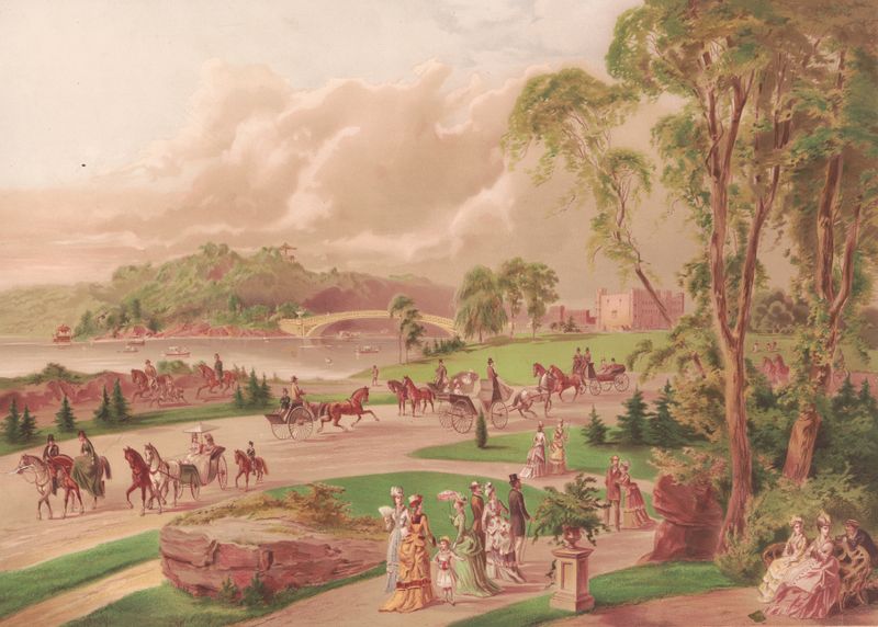 Central Park, New York by F. Gleason, oil on canvas depicting a serene park scene with trees and sunlight.