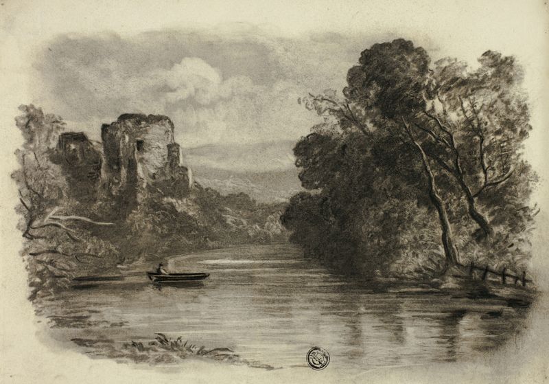 River with Castle Ruin and Boat II, óleo sobre lienzo de Elizabeth Murray