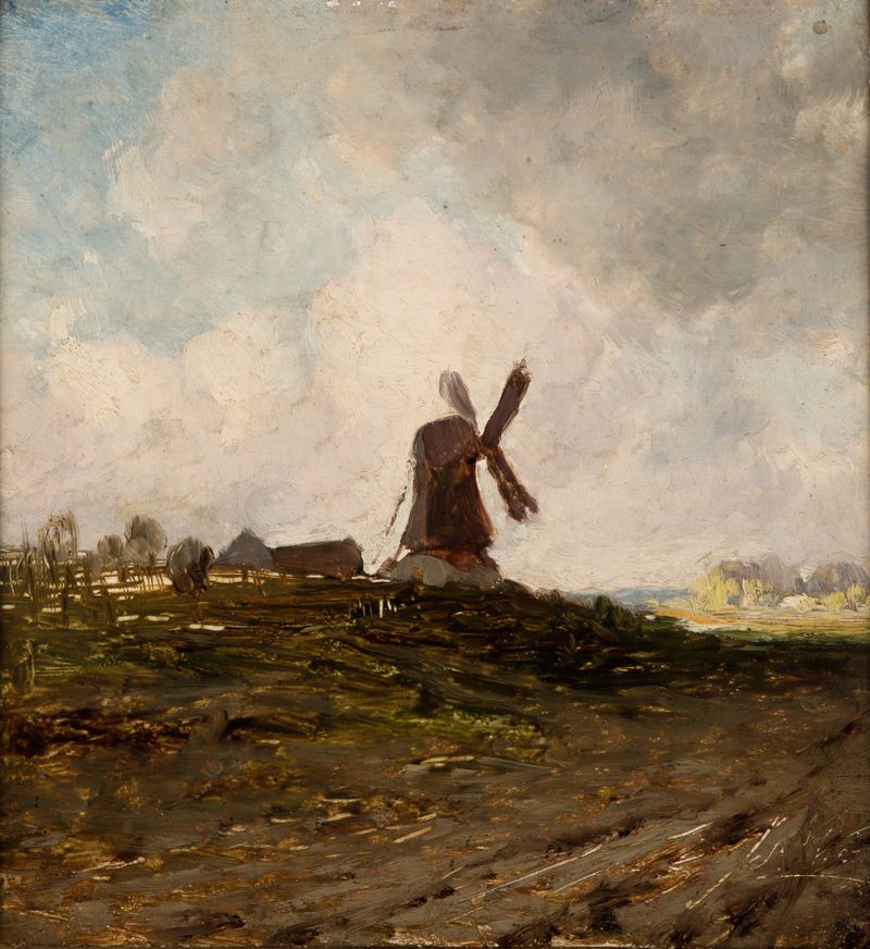 Landscape with a Windmill by Antoni Kozakiewicz, oil on canvas depicting a windmill under a stormy sky.