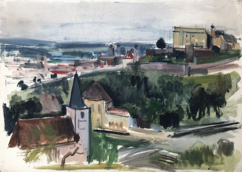 Paisagem representando o rio Inn ao pôr do sol, pintura a óleo de Otto Geigenberger