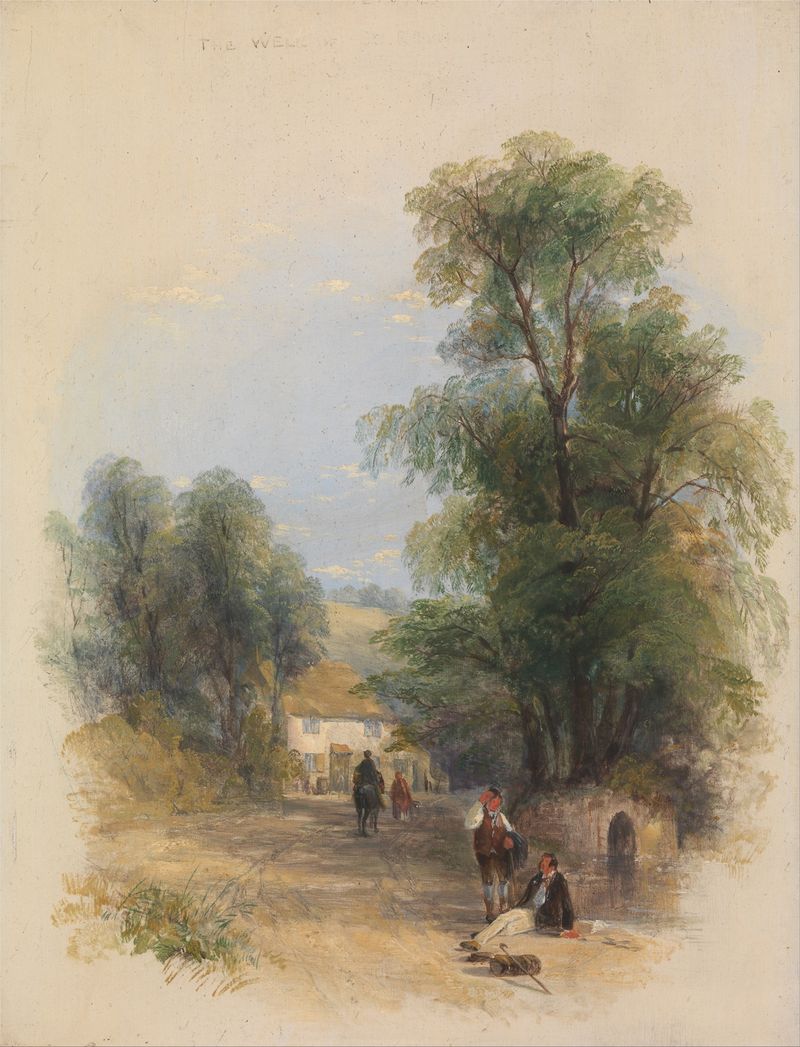 Landscape featuring a stone well surrounded by greenery, oil painting by Thomas Creswick