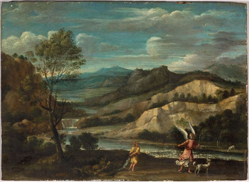 Landscape with Tobias and the Angel, óleo sobre panel de Giovanni Battista Viola