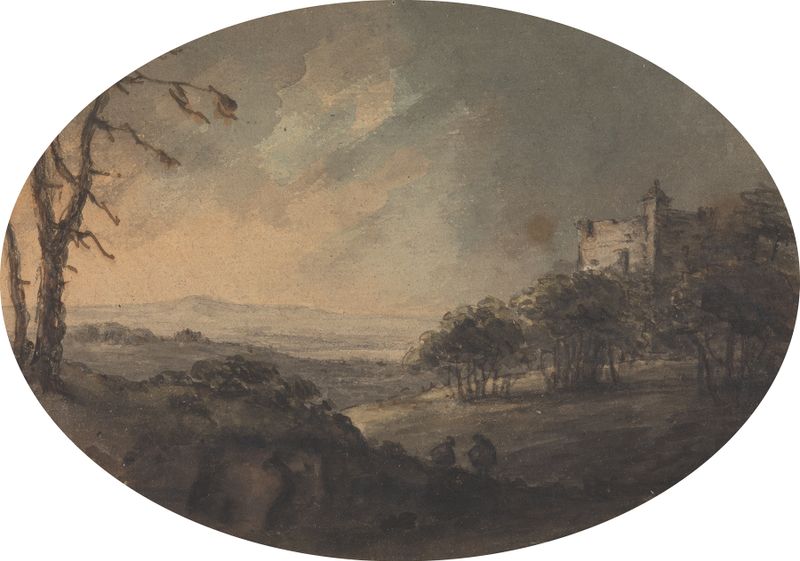 Paisagem com Dois Homens em uma Colina e um Castelo ao Longe, óleo sobre tela de William Gilpin