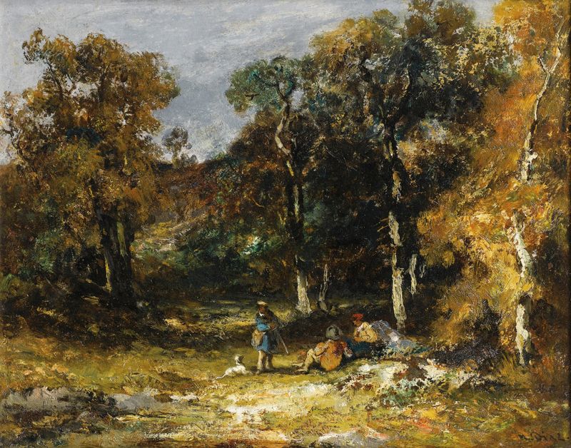 Caçadores em uma floresta, óleo sobre tela de Narcisse-Virgile Diaz de La Peña