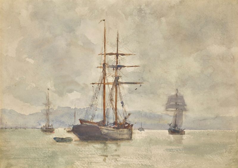 Sailing Ships At Anchor, oil on canvas by Henry Scott Tuke, depicting ships anchored on calm water.