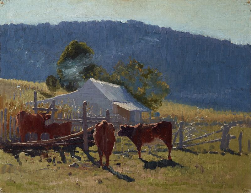 Milking Time (Araluen Valley) oil painting by Elioth Gruner depicting rural labor