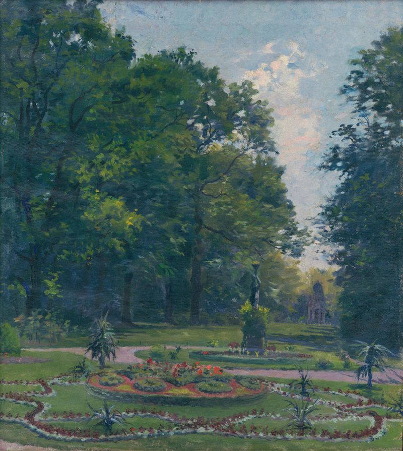 Park in Petržalka by Gustáv Mallý, oil on canvas depicting lush greenery and sunlight.
