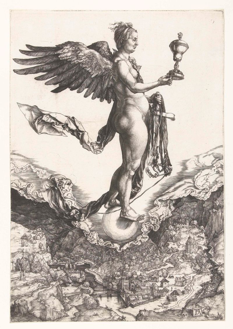 Engraving of Nemesis by Albrecht Dürer, depicting a goddess in dynamic pose.