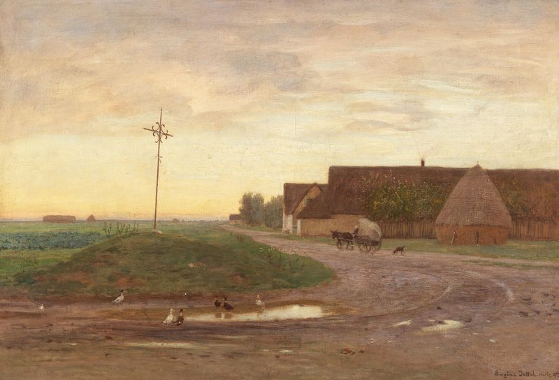 Kreuzweg bei Cayeux, óleo sobre lienzo de Eugen Jettel que representa un paisaje con figuras y un horizonte luminoso.