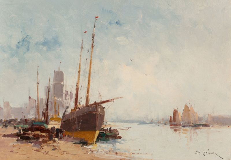 Bateaux au port de Eugène Galien-Laloue, óleo sobre tela retratando barcos em um porto tranquilo