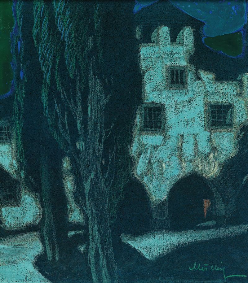 Romanticism landscape by Oskar Mulley, featuring a night scene with golden light.