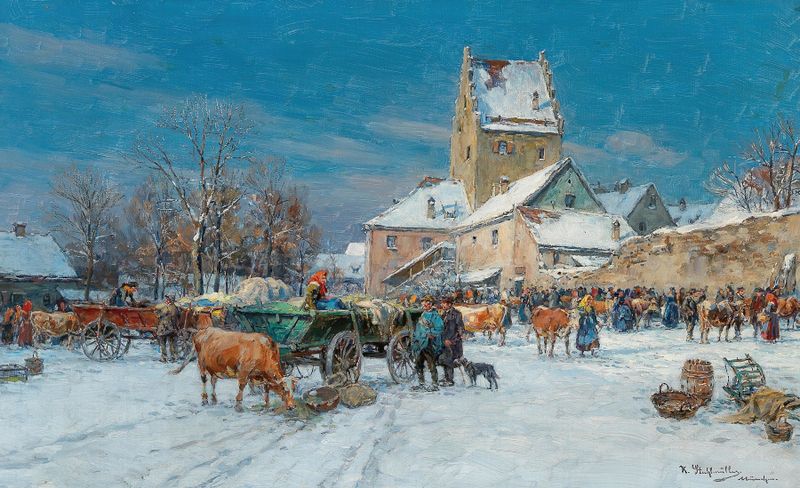 A Market Scene in Winter by Karl Stuhlmüller, realism, depicting a winter market with colorful stalls.