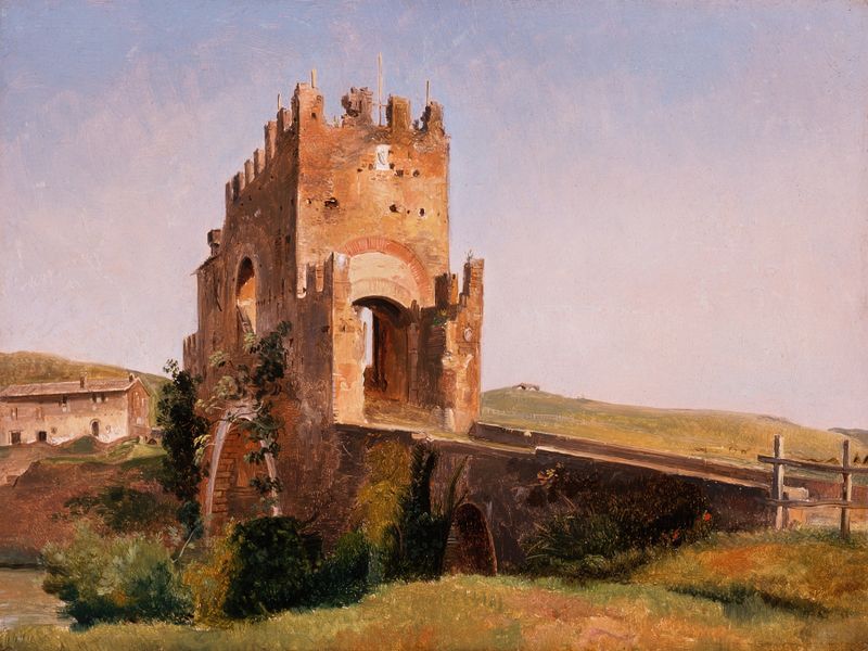Vista del Ponte Nomentano, óleo sobre lienzo de Pierre-Nicolas Brisset, con un puente de piedra y un río.