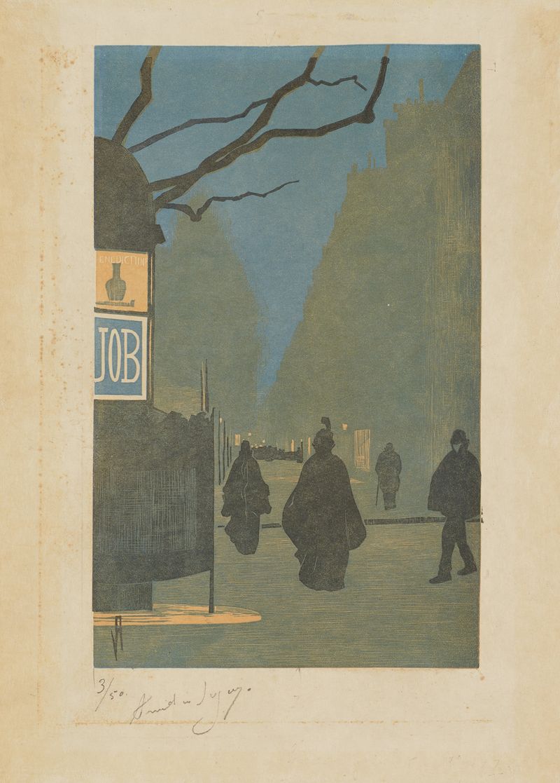 Boulevard Malesherbes, le soir de Amédée Joyau, óleo sobre tela, retratando uma cena noturna com luzes de gás.