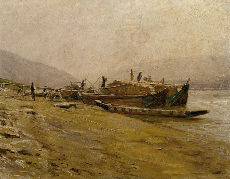 Donauschleppschiffe bei Spitz by Stefan Simony, realism, boats sailing on a river