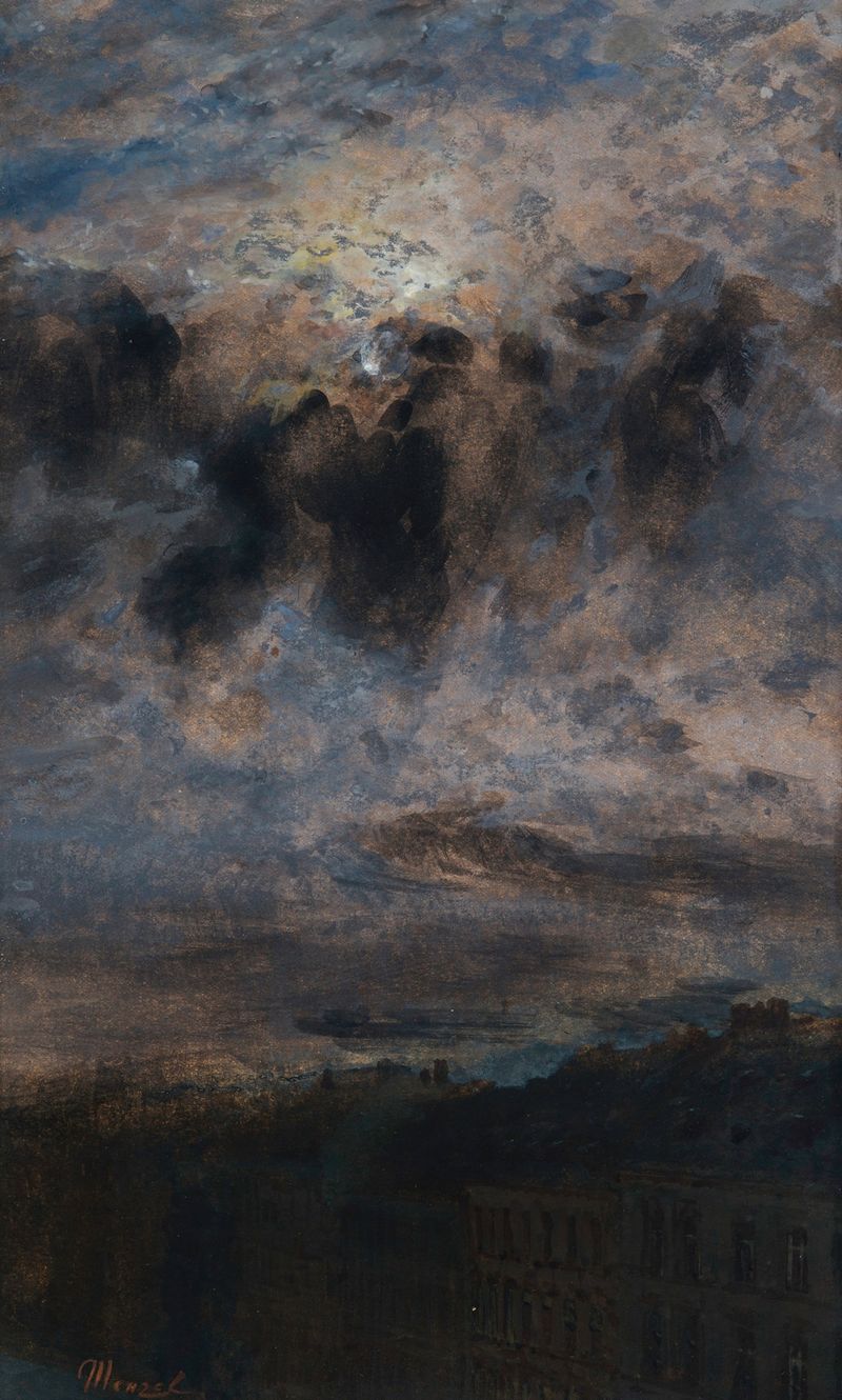 Moonlight landscape featuring rooftops in twilight by Adolph von Menzel, oil painting