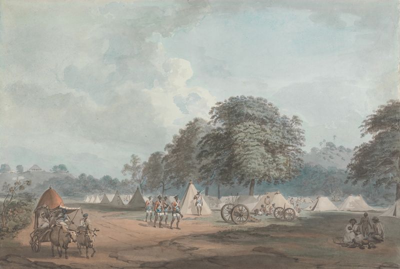 The Hur Rangers Encamped at Colgong, óleo sobre lienzo de Samuel Davis, que muestra rangers al atardecer.