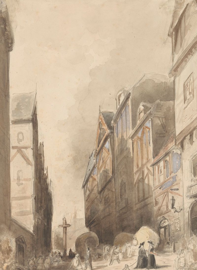 Escena de género que muestra una figura solitaria en una calle adoquinada al atardecer de Jan Diederikus Kruseman