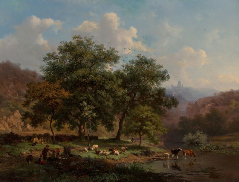 A summer landscape with figures resting beside a river, oil painting by Frederik Marinus Kruseman