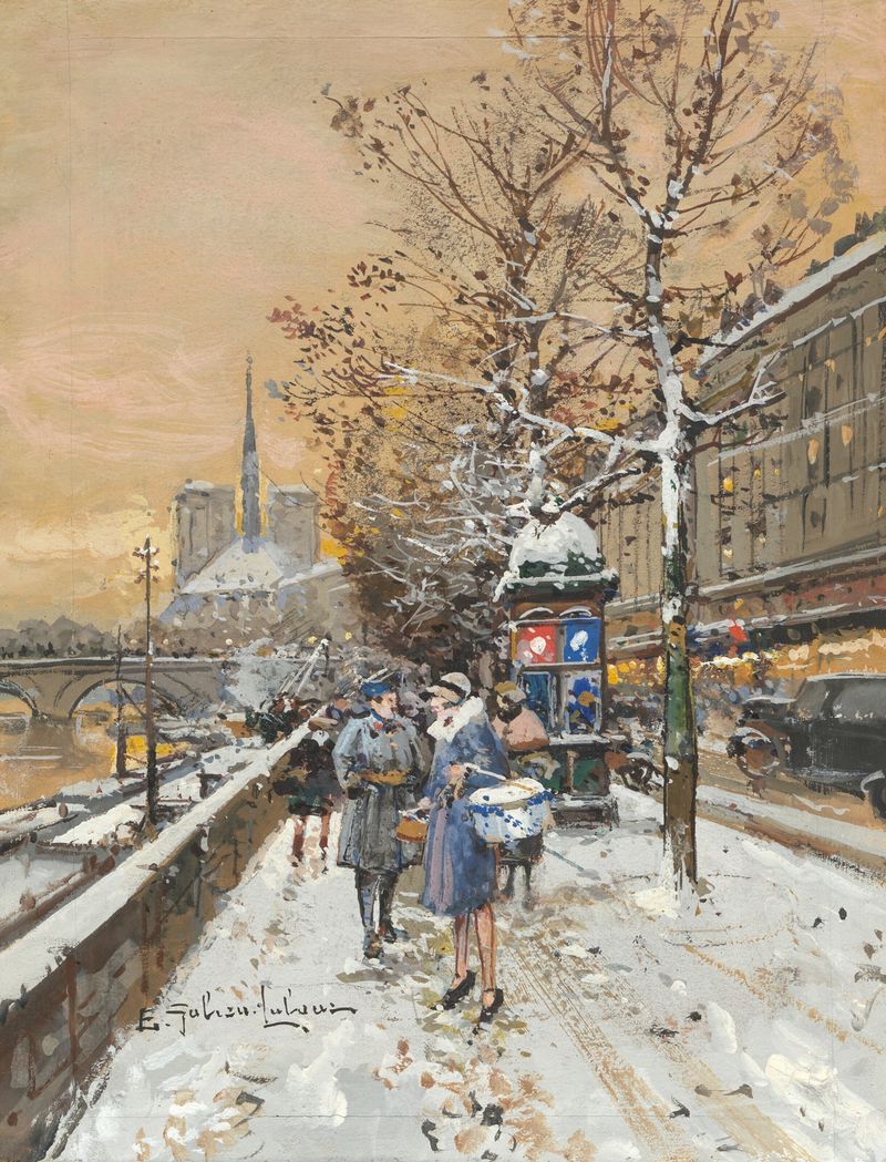 Pintura al óleo de Eugène Galien-Laloue que muestra figuras a lo largo del Sena al atardecer