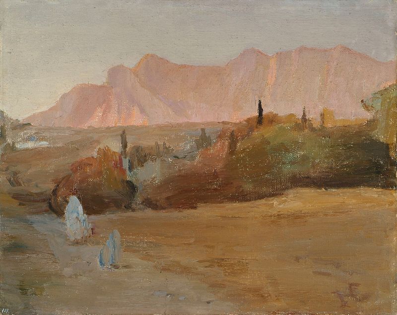 Pintura paisagística a óleo de Jan Ciągliński com montanhas, colinas e vegetação.
