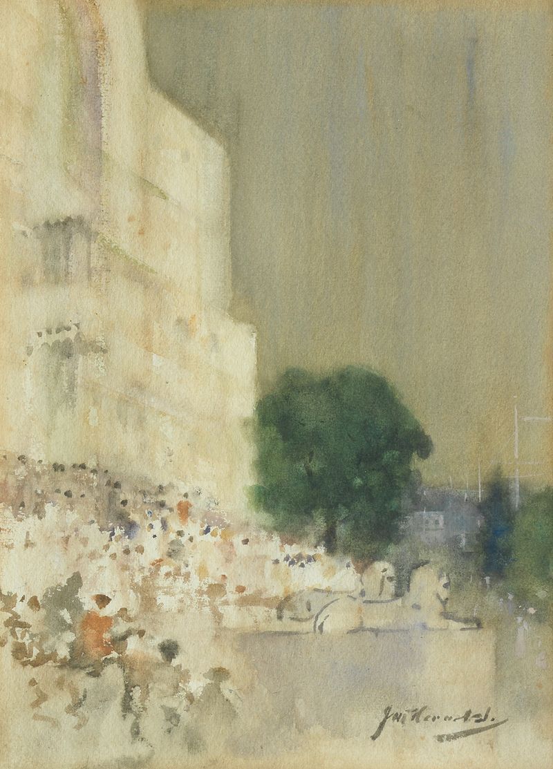 Genre scene depicting crowds and recumbent lion statues by James Watterston Herald