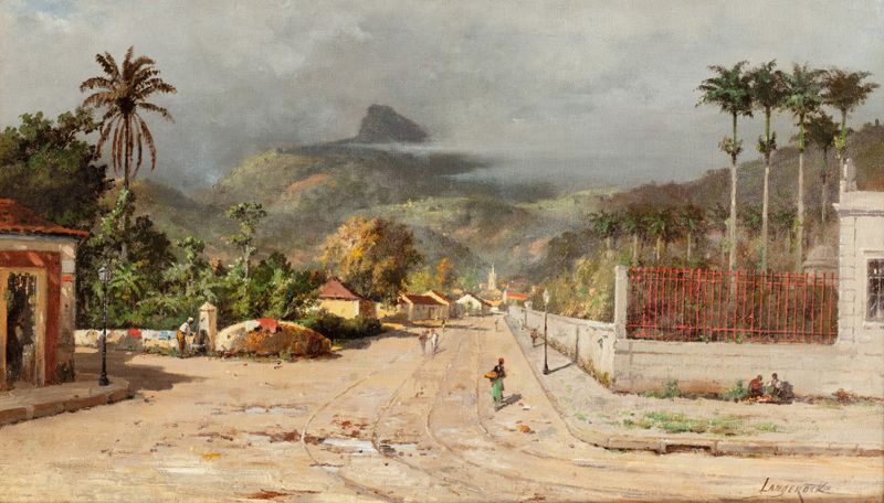 Uma cena de rua com vitrines vibrantes, óleo sobre tela de Henri Langerock