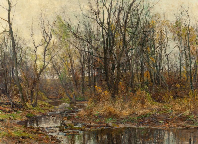 A Berkshire Brook in Autumn by Hugh Bolton Jones, oil on canvas depicting a brook with autumn foliage.